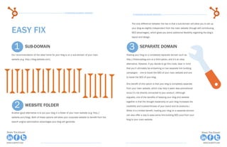 12                                                  15 Business Blogging Mistakes                                                                                                        13
                                                                                                           15 Business Blogging Mistakes



                                                                                                          The only difference between the two is that a sub-domain will allow you to set up


    EASY FIX                                                                                              your blog as slightly independent from the main website (though still contributing
                                                                                                          SEO advantages), which gives you some additional flexibility regarding the blog’s
                                                                                                          layout and design.



      1
    		SUB-DOMAIN                                                                                       3
                                                                                                     		SEPARATE DOMAIN
    Our recommendation of the ideal home for your blog is on a sub-domain of your main               Hosting your blog on a completely separate domain such as
    website (e.g. http://blog.website.com).                                                          http://thisismyblog.com is a third option, and it’s an okay
                                                                                                     alternative. However, if you decide to go this route, bear in mind
                                                                                                     that you’ll ultimately be embarking on two separate link building
                                                                                                     campaigns – one to boost the SEO of your main website and one
                                                                                                     to boost the SEO of your blog.

                                                                                                     One benefit of this option is that your blog is completely separate
                                                                                                     from your main website, which may help it seem less promotional
                                                                                                     since it’s not directly connected to your product. (Although
                                                                                                     arguably, one of the benefits of keeping your blog and website



       2
                                                                                                     together is that the thought leadership on your blog increases the
    		WEBSITE FOLDER                                                                                 credibility and trustworthiness of your brand and its products.)
                                                                                                     While it’s a limited benefit, hosting your blog on a separate domain
    Another good alternative is to put your blog in a folder of your main website (e.g. http://
                                                                                                     can also offer a way to pass some link-building SEO juice from your
    website.com/blog). Both of these options will allow your corporate website to benefit from the
                                                                                                     blog to your main website.
    search engine optimization advantages your blog will generate.



Share This Ebook!                                                                                                                                                               Share This Ebook!



www.Hubspot.com                                                                                                                                                                  www.Hubspot.com
 