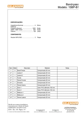 ALTO-FALANTES 
ESPECIFICAÇÕES 
Impedância Nominal ............................ 4 Ohms 
Potência 
Programa Musical .......................... 1800 Watts 
ABNT / NBR 10303 ......................... 900 Watts 
Volume .............................................. 128 Litros 
COMPONENTES 
Woofer WPU1505 ................................ 2 Peças 
Ítem Qtde Descrição Material Notas 
1 2 Base/Tampa Compensado 20 mm 
2* 1 Lateral 1 Compensado 20 mm 
3* 1 Lateral 2 Compensado 20 mm 
4* 1 Fundo Compensado 20 mm 
5* 1 Painel Frontal Compensado 20 mm 
6* 1 Divisória Compensado 20 mm 
7* 2 Painel Interno Compensado 20 mm 
8 2 Duto 1 Cano PVC diâmetro 100 mm 
9* 4 Duto 2 Cano PVC diâmetro 100 mm 
10* 4 Moldura 1 Compensado 20 mm 
11* 4 Moldura 2 Compensado 20 mm 
12* 2 Painel Lateral Compensado 20 mm 
Devido aos avanços tecnológicos, 
reservamos-nos o direito de inserir 
modificações sem prévio aviso. 
ELETRÔNICA SELENIUM S.A. 
BR 386 Km 435 - CEP: 92.480-000 
Nova Santa Rita - RS - Brasil 
Tel.: (51) 479-4000 
Fax: (51) 479-1150 
www.selenium.com.br 
SELENIUM USA 
USA 
www.seleniumloudspeakers.com 
SELENIUM EUROPE 
Germany 
www.seleniumloudspeakers.com 
ALTO-FALANTES 
02/01 - Rev.: 00 - Página: 3/5 
Band-pass 
Modelo: 15BP-B1 
F:CAIXAS ACÚSTICASBAND-PASS15BP-B1 15BP-B1 
 