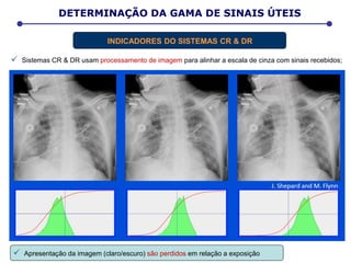  Sistemas CR & DR usam processamento de imagem para alinhar a escala de cinza com sinais recebidos;
 Apresentação da imagem (claro/escuro) são perdidos em relação a exposição
DETERMINAÇÃO DA GAMA DE SINAIS ÚTEIS
INDICADORES DO SISTEMAS CR & DR
 