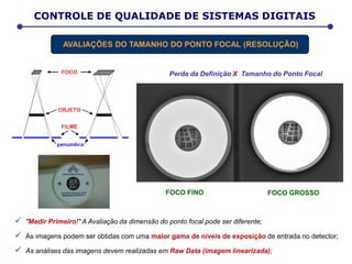  "Medir Primeiro!" A Avaliação da dimensão do ponto focal pode ser diferente;
 As imagens podem ser obtidas com uma maior gama de níveis de exposição de entrada no detector;
 As análises das imagens devem realizadas em Raw Data (imagem linearizada);
FOCO FINO FOCO GROSSO
CONTROLE DE QUALIDADE DE SISTEMAS DIGITAIS
AVALIAÇÕES DO TAMANHO DO PONTO FOCAL (RESOLUÇÃO)
Perda da Definição X Tamanho do Ponto Focal
 