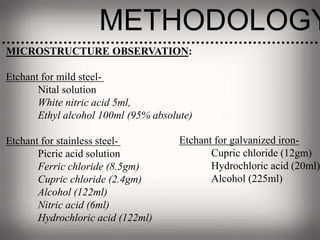 METHODOLOGY
MICROSTRUCTURE OBSERVATION:
Etchant for mild steel-
Nital solution
White nitric acid 5ml,
Ethyl alcohol 100ml (95% absolute)
Etchant for stainless steel-
Picric acid solution
Ferric chloride (8.5gm)
Cupric chloride (2.4gm)
Alcohol (122ml)
Nitric acid (6ml)
Hydrochloric acid (122ml)
Etchant for galvanized iron-
Cupric chloride (12gm)
Hydrochloric acid (20ml)
Alcohol (225ml)
 