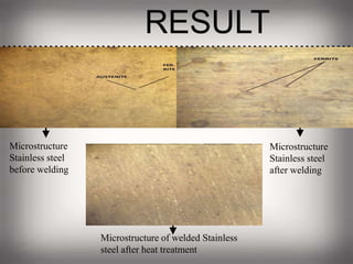 RESULT
Microstructure
Stainless steel
before welding
Microstructure
Stainless steel
after welding
Microstructure of welded Stainless
steel after heat treatment
 