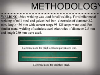 METHODOLOGY
WELDING: Stick welding was used for all welding. For similar metal
welding of mild steel and galvanized iron electrodes of diameter 3.2
mm, length 450 mm with current range 95-125 amps were used. For
similar metal welding of stainless steel electrodes of diameter 2.5 mm
and length 280 mm were used.
Electrode used for mild steel and galvanized iron.
Electrode used for stainless steel.
 