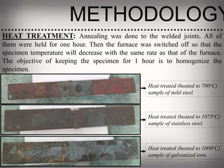 METHODOLOGY
HEAT TREATMENT: Annealing was done to the welded joints. All of
them were held for one hour. Then the furnace was switched off so that the
specimen temperature will decrease with the same rate as that of the furnace.
The objective of keeping the specimen for 1 hour is to homogenize the
specimen.
Heat treated (heated to 700oC)
sample of mild steel.
Heat treated (heated to 1075oC)
sample of stainless steel.
Heat treated (heated to 1000oC)
sample of galvanized iron.
 