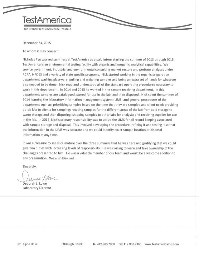 Pittsburgh Lab Director Reference Letter