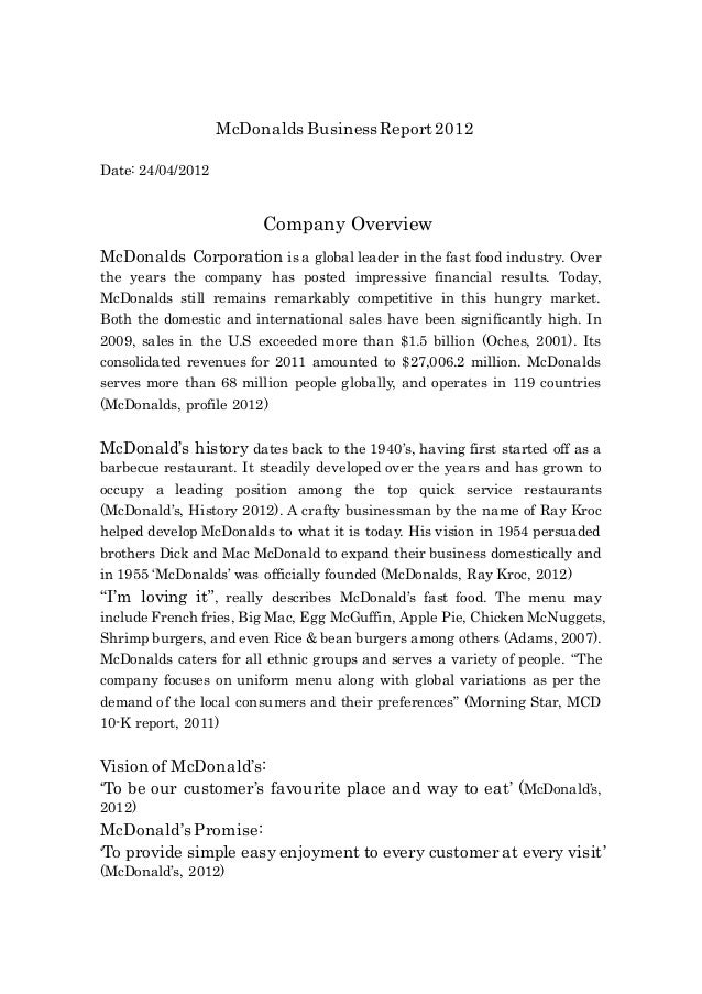 Mcdonalds Company Profile And Industry
