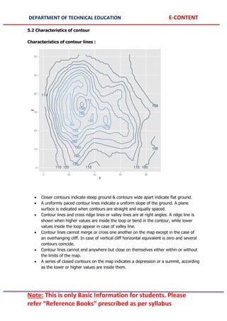 DEPARTMENT OF TECHNICAL EDUCATION E-CONTENT
Note: This is only Basic Information for students. Please
refer “Reference Books” prescribed as per syllabus
5.2 Characteristics of contour
Characteristics of contour lines :
 Closer contours indicate steep ground & contours wide apart indicate flat ground.
 A uniformly paced contour lines indicate a uniform slope of the ground. A plane
surface is indicated when contours are straight and equally spaced.
 Contour lines and cross ridge lines or valley lines are at right angles. A ridge line is
shown when higher values are inside the loop or bend in the contour, while lower
values inside the loop appear in case of valley line.
 Contour lines cannot merge or cross one another on the map except in the case of
an overhanging cliff. In case of vertical cliff horizontal equivalent is zero and several
contours coincide.
 Contour lines cannot end anywhere but close on themselves either within or without
the limits of the map.
 A series of closed contours on the map indicates a depression or a summit, according
as the lower or higher values are inside them.
 