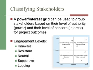 Classifying Stakeholders
 A power/interest grid can be used to group
stakeholders based on their level of authority
(power) and their level of concern (interest)
for project outcomes
 Engagement Levels:
 Unaware
 Resistant
 Neutral
 Supportive
 Leading 7
 