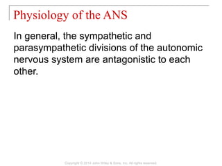 In general, the sympathetic and
parasympathetic divisions of the autonomic
nervous system are antagonistic to each
other.
Physiology of the ANS
Copyright © 2014 John Wiley & Sons, Inc. All rights reserved.
 