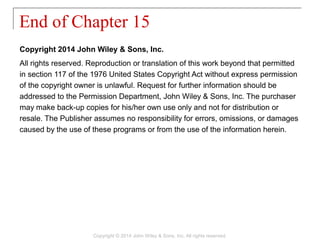 Copyright 2014 John Wiley & Sons, Inc.
All rights reserved. Reproduction or translation of this work beyond that permitted
in section 117 of the 1976 United States Copyright Act without express permission
of the copyright owner is unlawful. Request for further information should be
addressed to the Permission Department, John Wiley & Sons, Inc. The purchaser
may make back-up copies for his/her own use only and not for distribution or
resale. The Publisher assumes no responsibility for errors, omissions, or damages
caused by the use of these programs or from the use of the information herein.
End of Chapter 15
Copyright © 2014 John Wiley & Sons, Inc. All rights reserved.
 