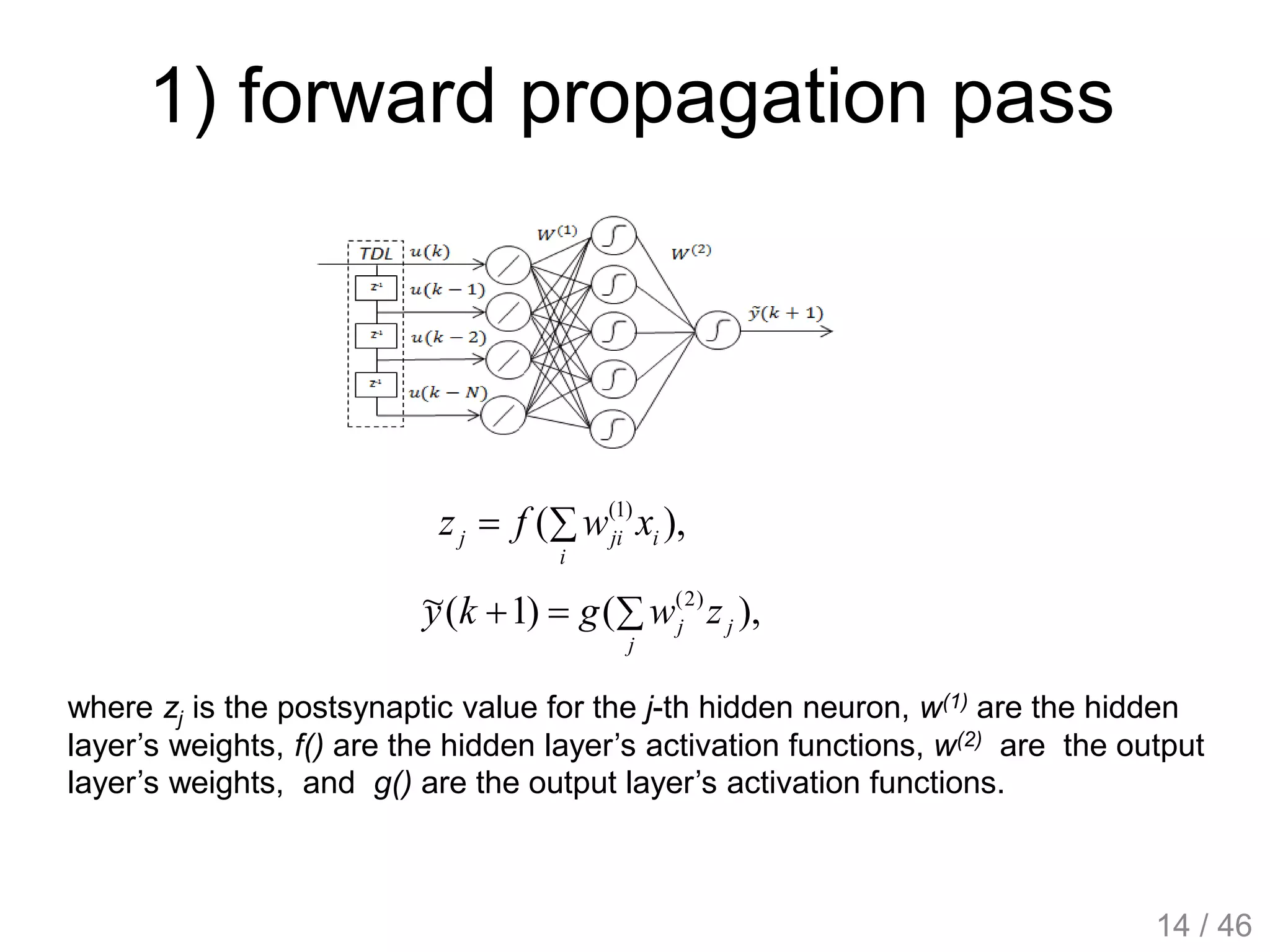 1) forward propagation pass
),( )1(

i
ijij xwfz
),()1(~ )2(

j
jj zwgky
where zj is the postsynaptic value for the j-th hidden neuron, w(1) are the hidden
layer’s weights, f() are the hidden layer’s activation functions, w(2) are the output
layer’s weights, and g() are the output layer’s activation functions.
14 / 46
 
