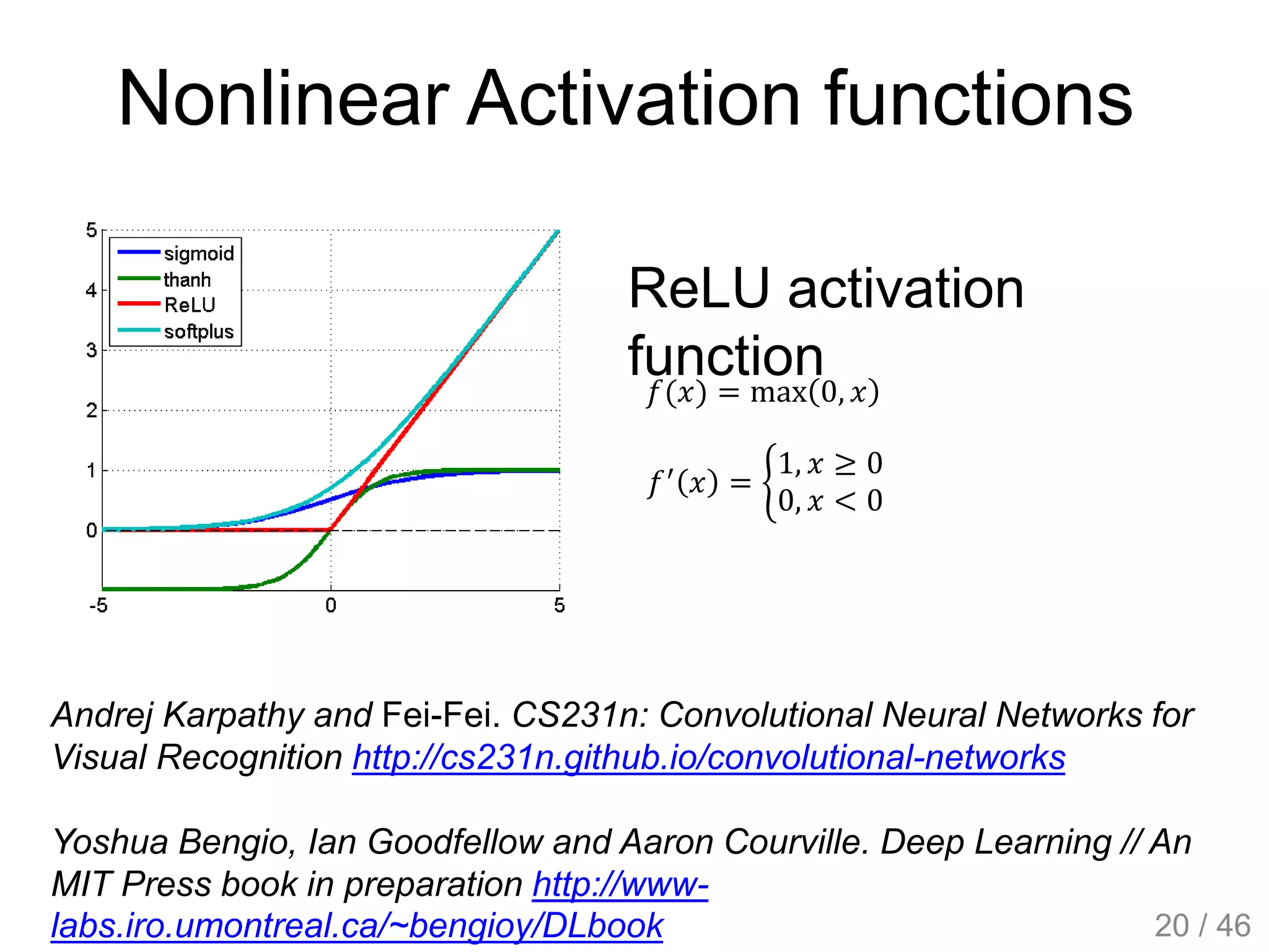 Nonlinear Activation functions
Andrej Karpathy and Fei-Fei. CS231n: Convolutional Neural Networks for
Visual Recognition http://cs231n.github.io/convolutional-networks
Yoshua Bengio, Ian Goodfellow and Aaron Courville. Deep Learning // An
MIT Press book in preparation http://www-
labs.iro.umontreal.ca/~bengioy/DLbook
𝑓(𝑥) = max 0, 𝑥
𝑓′
𝑥 =
1, 𝑥 ≥ 0
0, 𝑥 < 0
ReLU activation
function
20 / 46
 