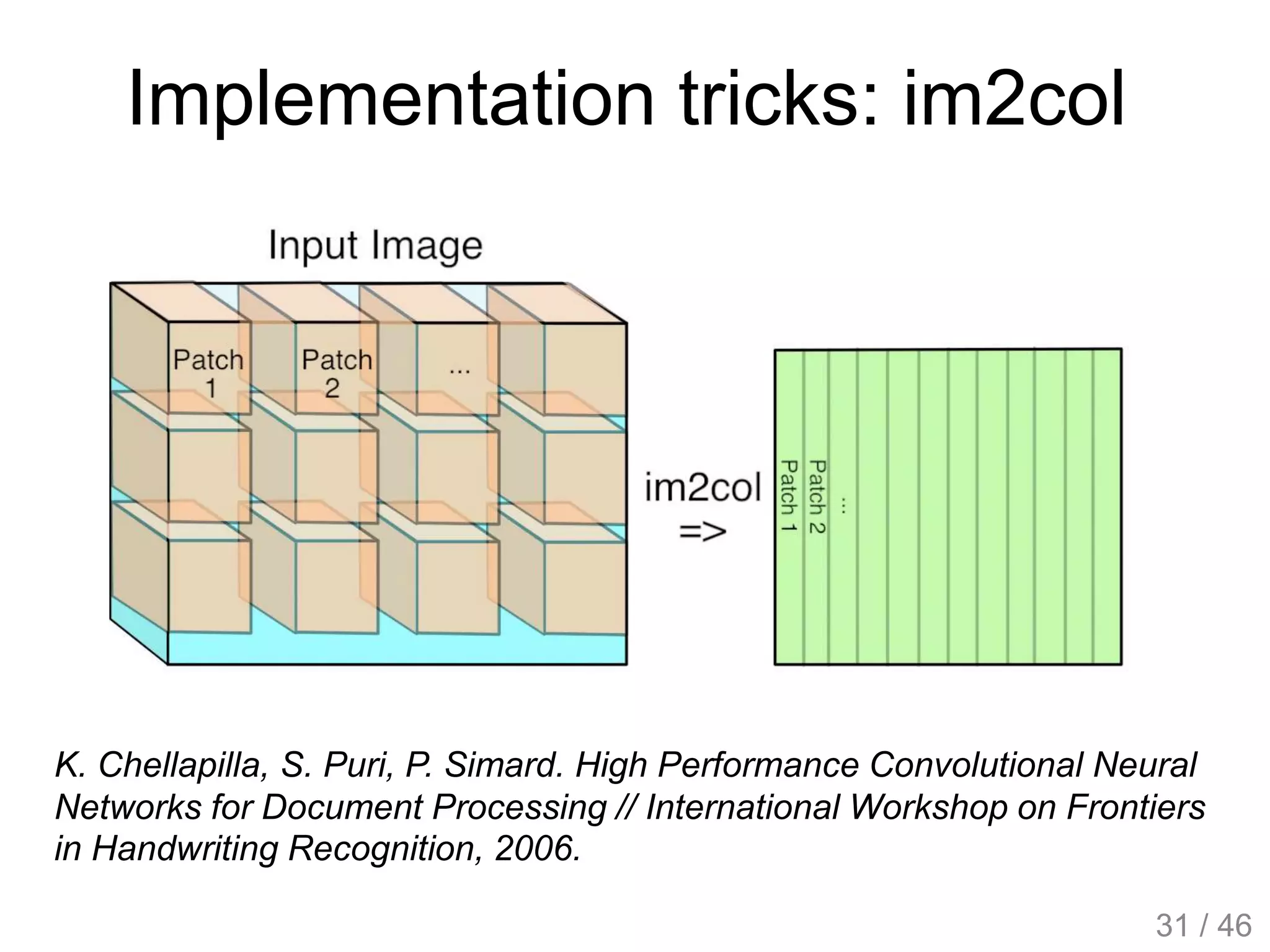 Implementation tricks: im2col
K. Chellapilla, S. Puri, P. Simard. High Performance Convolutional Neural
Networks for Document Processing // International Workshop on Frontiers
in Handwriting Recognition, 2006.
31 / 46
 
