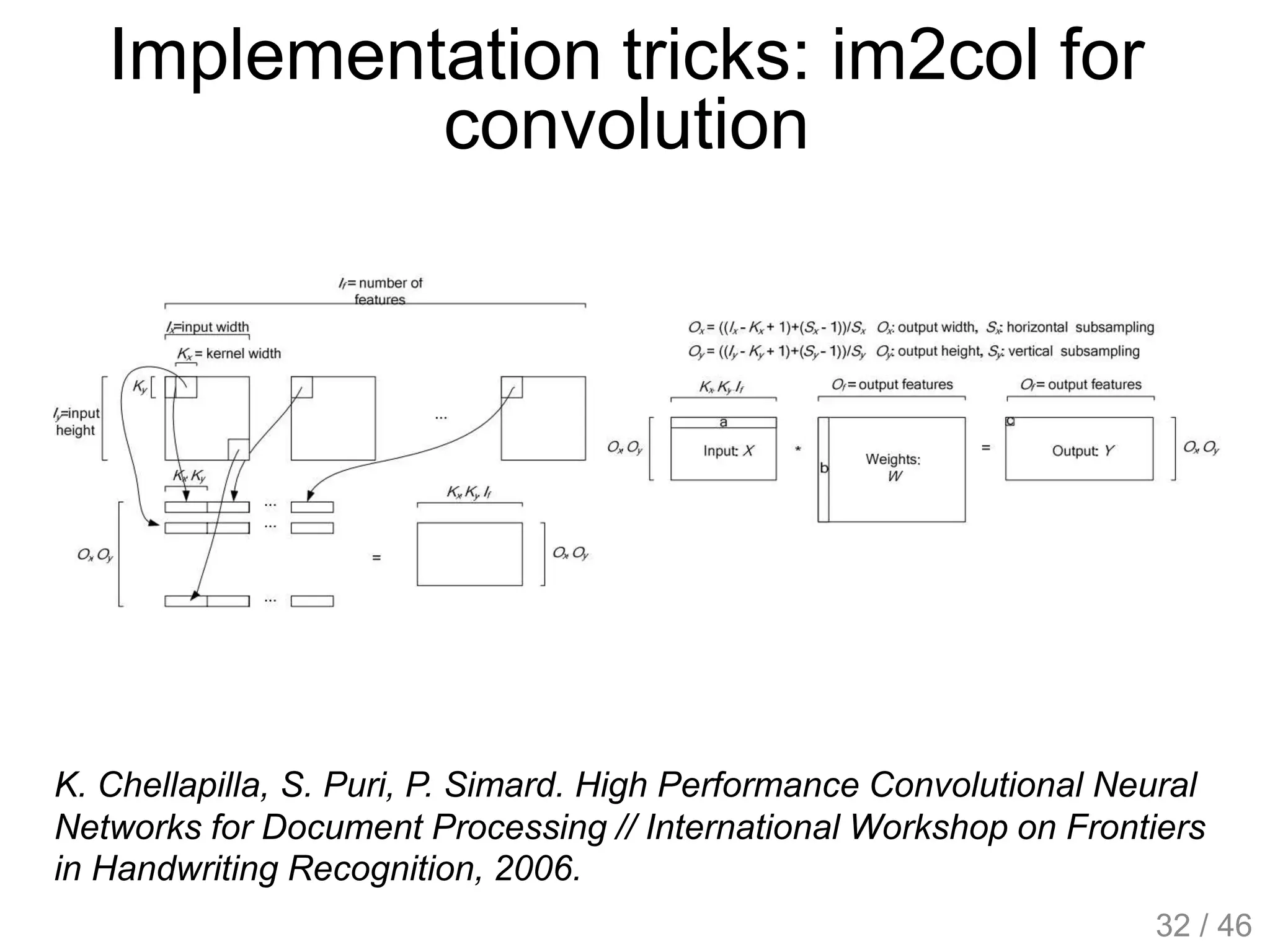Implementation tricks: im2col for
convolution
K. Chellapilla, S. Puri, P. Simard. High Performance Convolutional Neural
Networks for Document Processing // International Workshop on Frontiers
in Handwriting Recognition, 2006.
32 / 46
 