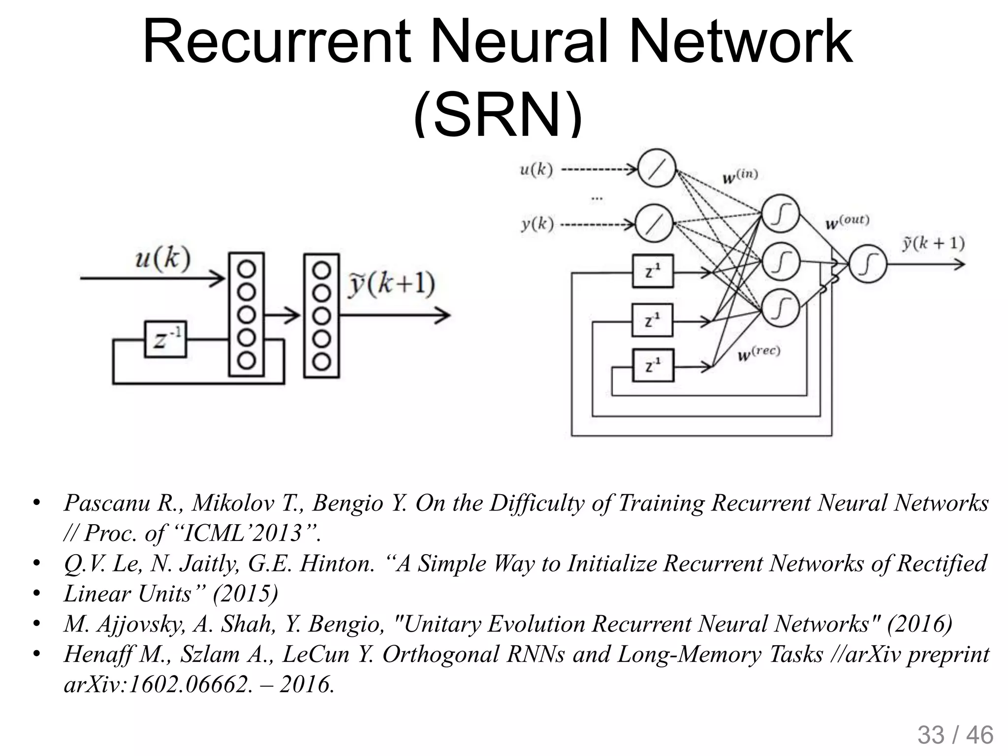 Recurrent Neural Network
(SRN)
• Pascanu R., Mikolov T., Bengio Y. On the Difficulty of Training Recurrent Neural Networks
// Proc. of “ICML’2013”.
• Q.V. Le, N. Jaitly, G.E. Hinton. “A Simple Way to Initialize Recurrent Networks of Rectified
• Linear Units” (2015)
• M. Ajjovsky, A. Shah, Y. Bengio, "Unitary Evolution Recurrent Neural Networks" (2016)
• Henaff M., Szlam A., LeCun Y. Orthogonal RNNs and Long-Memory Tasks //arXiv preprint
arXiv:1602.06662. – 2016.
33 / 46
 