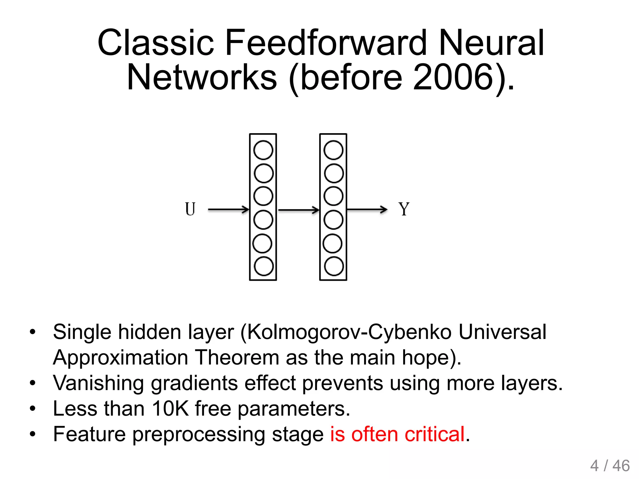 Classic Feedforward Neural
Networks (before 2006).
• Single hidden layer (Kolmogorov-Cybenko Universal
Approximation Theorem as the main hope).
• Vanishing gradients effect prevents using more layers.
• Less than 10K free parameters.
• Feature preprocessing stage is often critical.
4 / 46
 