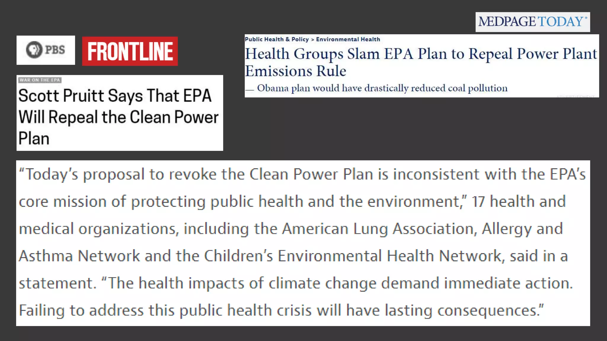 26
• Lancet Countdown’s 2017 Report (released Oct 30) + The
Lancet Commission on Health and Climate Change Report
(2015)
• The U.S. Climate and Health Assessment (2015) + the National
Climate Assessment (2014 + upcoming 2018 report)
• The Medical Society Consortium on Climate and Health’s
“Medical Alert! Climate Change is Harming Our Health” Report
(2017)
• American Lung Association’s “State of the Air” Report (Annual)
• US Climate and Health Alliance’s webpage for the State Policy
Initiative (launched in 2017)
 