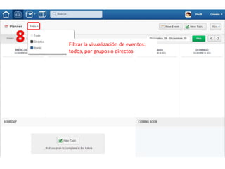 Filtrar la visualización de eventos:
todos, por grupos o directos
 