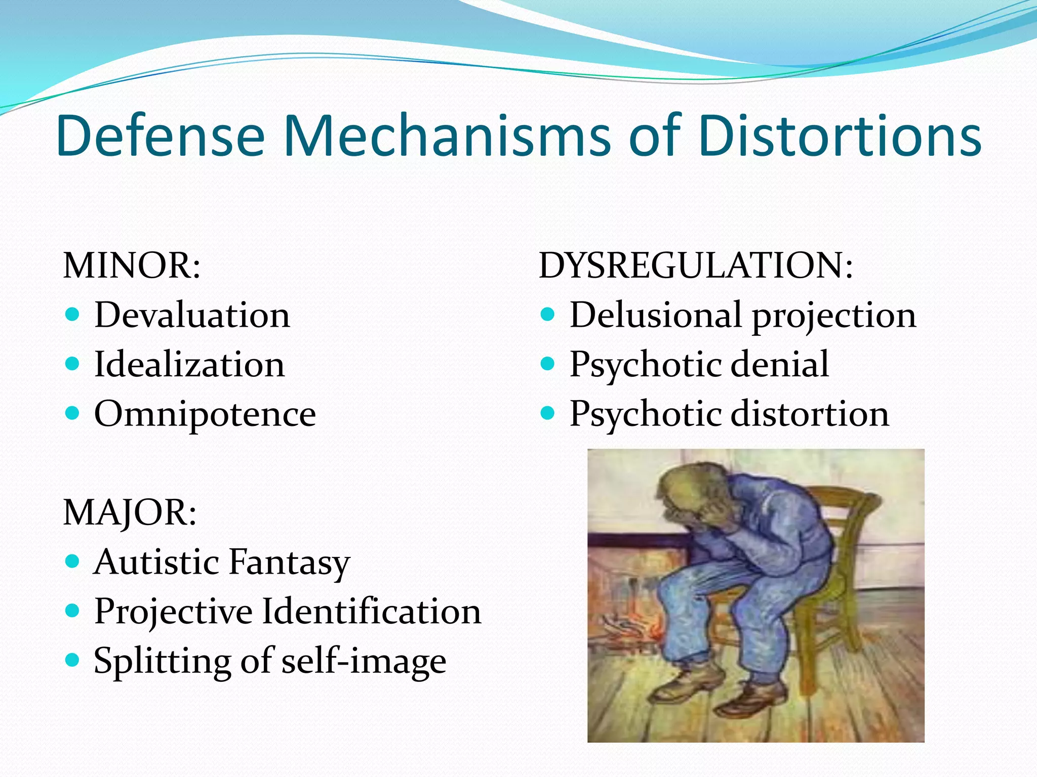 Defense Mechanisms of Distortions
MINOR:                        DYSREGULATION:
 Devaluation                  Delusional projection
 Idealization                 Psychotic denial
 Omnipotence                  Psychotic distortion

MAJOR:
 Autistic Fantasy
 Projective Identification
 Splitting of self-image
 