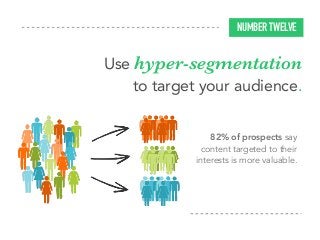 82% of prospects say
content targeted to their
interests is more valuable.
NUMBER TWELVE
Use hyper-segmentation
to target your audience.
 