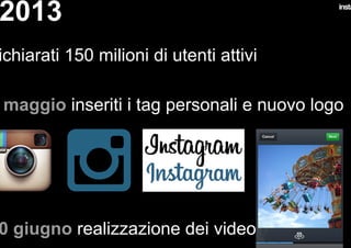 2013
ichiarati 150 milioni di utenti attivi
maggio inseriti i tag personali e nuovo logo
0 giugno realizzazione dei video
 