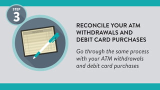 RECONCILE YOUR ATM
WITHDRAWALS AND
DEBIT CARD PURCHASES
Go through the same process
with your ATM withdrawals
and debit card purchases
 