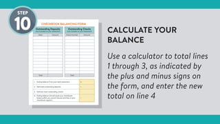 CALCULATE YOUR
BALANCE
Use a calculator to total lines
1 through 3, as indicated by
the plus and minus signs on
the form, and enter the new
total on line 4
CHECKBOOK BALANCING FORM
Outstanding Deposits
(not included on your statement)
Outstanding Checks
(not included on your statement)
Date Amount Check Number Amount
Total Total
1. Ending balance from your bank statement $
2. Add total outstanding deposits +
3. Subtract total outstanding checks -
4. Ending balance (should equal your checkbook
balance after you record interest and fees in your
checkbook register)
=
 