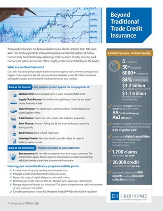 Beyond
Traditional
Trade Credit
Insurance
Increase internal capacity avoiding external syndication
Integrate a credit protection element into your pricing
Expand the range of eligible obligors to non-rated entities
Distribute your credit risk to an S&P AA-, Moody’s Aa3, Dagong AA- rated insurer
Manage exposures through our online tool. This gives a comprehensive, real time overview
of your customers’ risk profile
Consider optimization of your Risk Weighted Assets (RWAs) under Basel III regulation
Bank as the Insured Our products protect against the non-payment of:
Trade credit insurance has been available to your clients for more than 100 years.
With new lending products, increased regulation and overall global risk, banks
have recently benefited from purchasing credit insurance directly. Insuring bank
transactions with Euler Hermes offers insight, protection and stability for the lender.
What are our Bank Solutions?
Our credit insurance policies secure bank transactions against both commercial and political
triggers of non-payment. We will use our extensive database of over 40 million companies
worldwide to assess and monitor the creditworthiness of your portfolio.
Medium Term: Cover available up to 7 years, non cancellable limits
Supply Chain Finance: Receivables and payables purchased by you as part
of your financing activity
Export Finance: Pre-export loans, commercial loans (trade related) and
buyer/supplier credits
Trade Finance: Confirmed LoCs, import LoCs and silent guarantees
Asset Finance: Amounts falling due by the lessee under your operating
leasing activity
Bank Finance: Bank-to-bank trade loans
Sovereign Finance: Term loans issued to a public obligor for capex or
working capital purposes
Bancassurance: We can offer non-payment insurance to your customers. This
protects them against the non-payment of receivables. Ask about a partnership
with Euler Hermes to learn how to receive risk-free income.
Bank as the Distributor Products available to your customers:
Insuring your receivable finance programs enables you to:
 