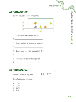 5º
ano
•
5º
ano
•
Ensino
Fundamental
49
Matemática
ATIVIDADE 62
Observe o quadro abaixo e responda:
1 2 3 4 5
A
B
C
1) Que fruta está na posição (A,2)?
R: __________________________________
2) Qual a posição da banana no quadro?
R: __________________________________
3) Qual a fruta que está na posição (B,2)?
R: __________________________________
4) Em quais posições estão as peras?
R: __________________________________
ATIVIDADE 63
Resolva a operação seguinte:
O resultado dessa operação é:
A) 1,38.
B) 1,48.
C) 2,38.
D) 2,62.
2,1  0,72
ALUNO_APROVA BRASIL_5ano_Matematica.indd 49
ALUNO_APROVA BRASIL_5ano_Matematica.indd 49 14/05/21 21:56
14/05/21 21:56
 
