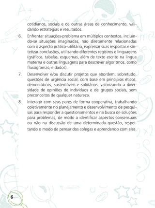 6
cotidianos, sociais e de outras áreas de conhecimento, vali-
dando estratégias e resultados.
6. Enfrentar situações-problema em múltiplos contextos, incluin-
do-se situações imaginadas, não diretamente relacionadas
com o aspecto prático-utilitário, expressar suas respostas e sin-
tetizar conclusões, utilizando diferentes registros e linguagens
(gráficos, tabelas, esquemas, além de texto escrito na língua
materna e outras linguagens para descrever algoritmos, como
fluxogramas, e dados).
7. Desenvolver e/ou discutir projetos que abordem, sobretudo,
questões de urgência social, com base em princípios éticos,
democráticos, sustentáveis e solidários, valorizando a diver-
sidade de opiniões de indivíduos e de grupos sociais, sem
preconceitos de qualquer natureza.
8. Interagir com seus pares de forma cooperativa, trabalhando
coletivamente no planejamento e desenvolvimento de pesqui-
sas para responder a questionamentos e na busca de soluções
para problemas, de modo a identificar aspectos consensuais
ou não na discussão de uma determinada questão, respei-
tando o modo de pensar dos colegas e aprendendo com eles.
ALUNO_APROVA BRASIL_5ano_Matematica.indd 6
ALUNO_APROVA BRASIL_5ano_Matematica.indd 6 14/05/21 21:55
14/05/21 21:55
 