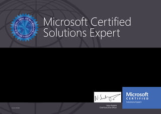 Satya Nadella
Chief Executive OfficerPart No. X18-83687
Microsoft Certified
Solutions Expert
RAFEE ULLAH
Has successfully completed the requirements to be recognized as a Microsoft® Certified Solutions
Expert: Server Infrastructure.
Date of achievement: 04/02/2016
Certification number: F641-3305
Inactive Date: 04/02/2019
 