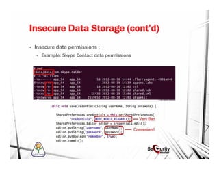 • Insecure data permissions :
• Example: Skype Contact data permissions
 