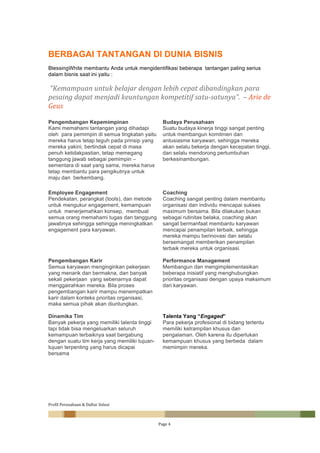 Profil	Perusahaan	&	Daftar	Solusi	
		 Page	4	
	
BERBAGAI TANTANGAN DI DUNIA BISNIS
BlessingWhite membantu Anda untuk mengidentifikasi beberapa tantangan paling serius
dalam bisnis saat ini yaitu :
	“Kemampuan	untuk	belajar	dengan	lebih	cepat	dibandingkan	para	
pesaing	dapat	menjadi	keuntungan	kompetitif	satu-satunya”.		–	Arie	de	
Geus	
	
Pengembangan Kepemimpinan	
Kami memahami tantangan yang dihadapi
oleh para pemimpin di semua tingkatan yaitu
mereka harus tetap teguh pada prinsip yang
mereka yakini, bertindak cepat di masa
penuh ketidakpastian, tetap memegang
tanggung jawab sebagai pemimpin –
sementara di saat yang sama, mereka harus
tetap membantu para pengikutnya untuk
maju dan berkembang.
	
Budaya Perusahaan
Suatu budaya kinerja tinggi sangat penting
untuk membangun komitmen dan
antusiasme karyawan, sehingga mereka
akan selalu bekerja dengan kecepatan tinggi,
dan selalu mendorong pertumbuhan
berkesinambungan.
	
Employee Engagement
Pendekatan, perangkat (tools), dan metode
untuk mengukur engagement, kemampuan
untuk menerjemahkan konsep, membuat
semua orang memahami tugas dan tanggung
jawabnya sehingga sehingga meningkatkan
engagement para karyawan.
Coaching
Coaching sangat penting dalam membantu
organisasi dan individu mencapai sukses
maximum bersama. Bila dilakukan bukan
sebagai rutinitas belaka, coaching akan
sangat bermanfaat membantu karyawan
mencapai penampilan terbaik, sehingga
mereka mampu berinovasi dan selalu
bersemangat memberikan penampilan
terbaik mereka untuk organisasi.
Pengembangan Karir
Semua karyawan menginginkan pekerjaan
yang menarik dan bermakna, dan banyak
sekali pekerjaan yang sebenarnya dapat
menggairahkan mereka. Bila proses
pengembangan karir mampu menempatkan
karir dalam konteks prioritas organisasi,
maka semua pihak akan diuntungkan.
Performance Management
Membangun dan mengimplementasikan
beberapa inisiatif yang menghubungkan
prioritas organisasi dengan upaya maksimum
dari karyawan.
Dinamika Tim
Banyak pekerja yang memiliki talenta tinggi
tapi tidak bisa mengeluarkan seluruh
kemampuan terbaiknya saat bergabung
dengan suatu tim kerja yang memiliki tujuan-
tujuan terpenting yang harus dicapai
bersama
Talenta Yang “Engaged”
Para pekerja profesional di bidang tertentu
memiliki ketrampilan khusus dan
pengalaman. Oleh karena itu diperlukan
kemampuan khusus yang berbeda dalam
memimpin mereka.
	
 