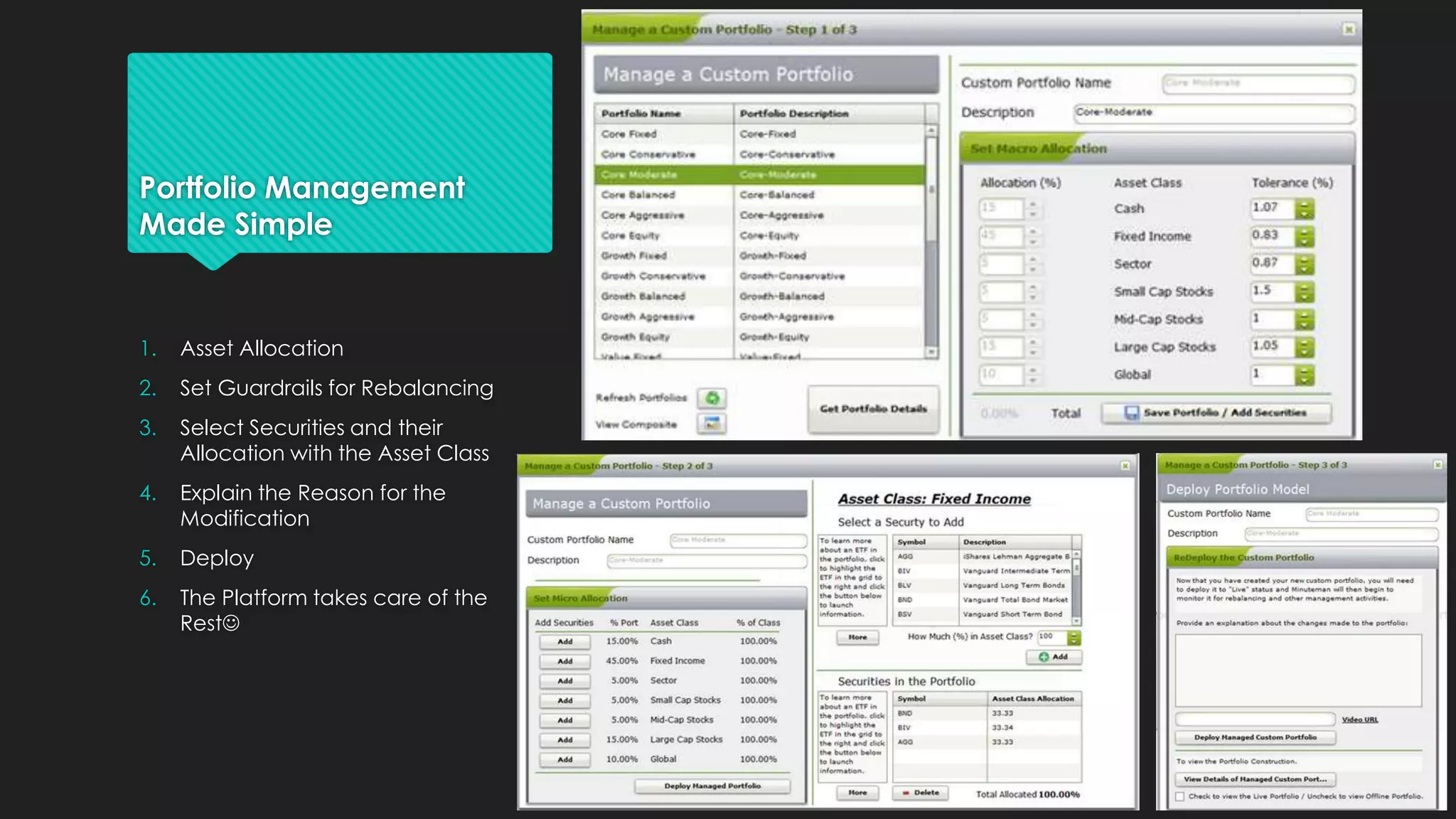 Portfolio Management
Made Simple
1. Asset Allocation
2. Set Guardrails for Rebalancing
3. Select Securities and their
Allocation with the Asset Class
4. Explain the Reason for the
Modification
5. Deploy
6. The Platform takes care of the
Rest
 