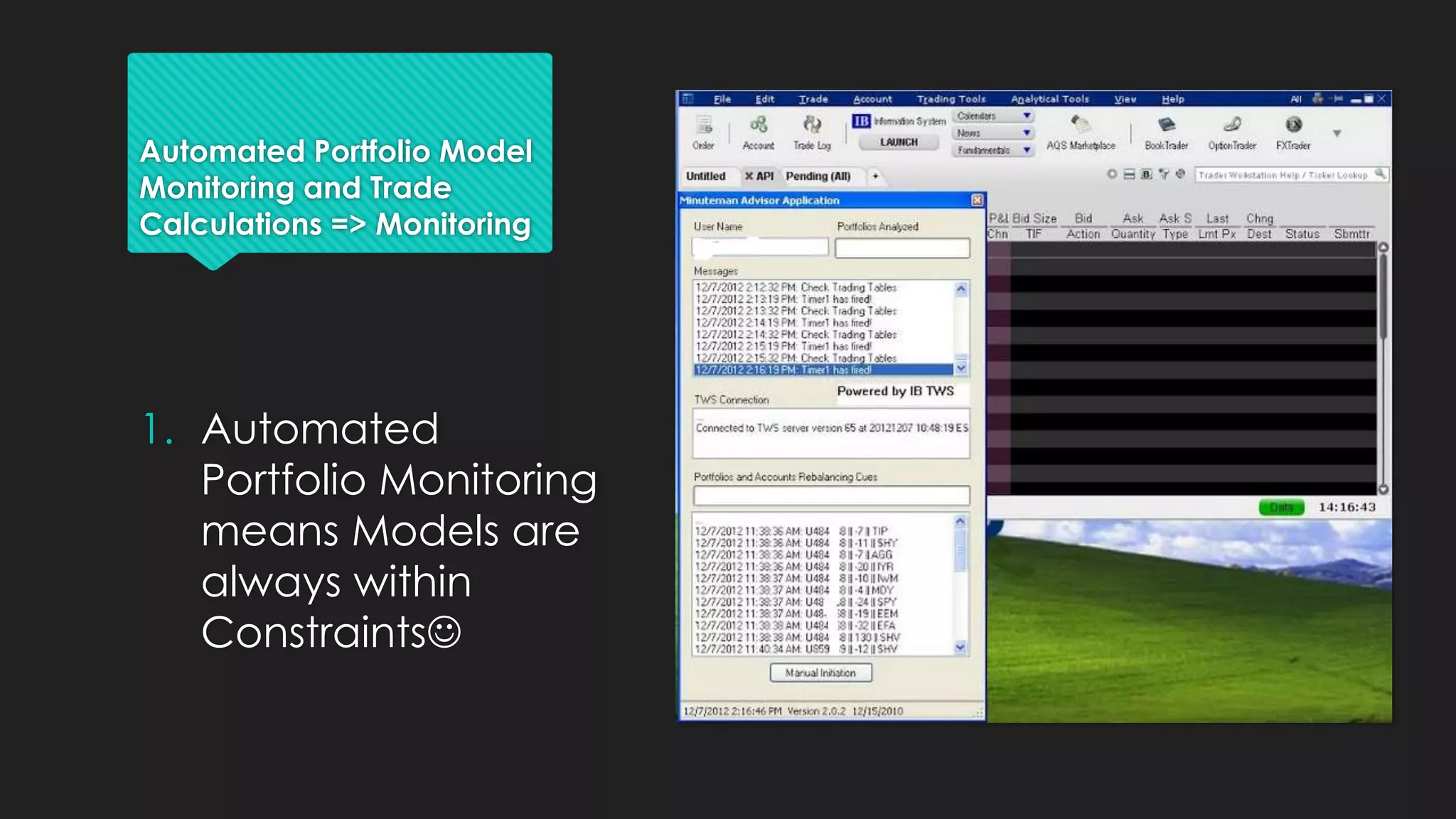 Automated Portfolio Model
Monitoring and Trade
Calculations => Monitoring
1. Automated
Portfolio Monitoring
means Models are
always within
Constraints
 