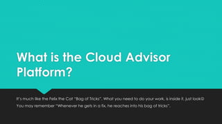 What is the Cloud Advisor
Platform?
It’s much like the Felix the Cat “Bag of Tricks”. What you need to do your work, is inside it, just look
You may remember “Whenever he gets in a fix, he reaches into his bag of tricks”.
 