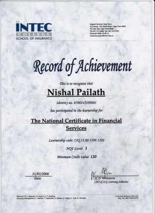 INTEC Learnership Certificate