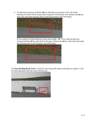 B - 3
4. To add more pavement, hold the alt key and click on pavement. This will set the
reference for what will be cloned when using the Clone Stamp Tool. Release the alt key,
then click and swipe the grass that is near the pavement, the result being:
If you wanted to instead add more grass (press Ctrl + Alt + Z to undo the previous
cloning) hold the alt key and click on the grass. Release the alt key, then click and swipe
the pavement that is near the grass, the result being:
The Spot Healing Brush Tool is useful for removing small objects and marks in a photo. I will
be removing ducks from the water with the tool.
 