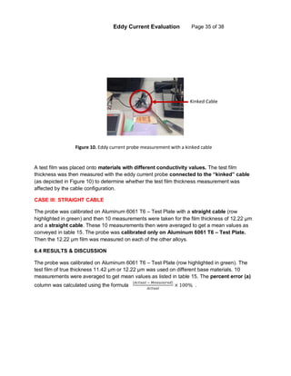 Eddy Current Evaluation Page 35 of 38
A test film was placed onto materials with different conductivity values. The test film
thickness was then measured with the eddy current probe connected to the “kinked” cable
(as depicted in Figure 10) to determine whether the test film thickness measurement was
affected by the cable configuration.
CASE III: STRAIGHT CABLE
The probe was calibrated on Aluminum 6061 T6 – Test Plate with a straight cable (row
highlighted in green) and then 10 measurements were taken for the film thickness of 12.22 µm
and a straight cable. These 10 measurements then were averaged to get a mean values as
conveyed in table 15. The probe was calibrated only on Aluminum 6061 T6 – Test Plate.
Then the 12.22 µm film was measured on each of the other alloys.
6.4 RESULTS & DISCUSSION
The probe was calibrated on Aluminum 6061 T6 – Test Plate (row highlighted in green). The
test film of true thickness 11.42 µm or 12.22 µm was used on different base materials. 10
measurements were averaged to get mean values as listed in table 15. The percent error (a)
column was calculated using the formula
|𝐴𝑐𝑡𝑢𝑎𝑙 − 𝑀𝑒𝑎𝑢𝑠𝑢𝑟𝑒𝑑|
𝐴𝑐𝑡𝑢𝑎𝑙
× 100% .
Kinked Cable
Figure 10. Eddy current probe measurement with a kinked cable
 