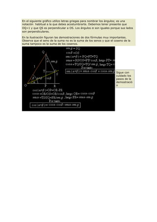 En el siguiente gráfico utilizo letras griegas para nombrar los ángulos; es una
notación habitual a la que debes acostumbrarte. Debemos tener presente que
OQ=1 y que QS es perpendicular a OS. Los ángulos α son iguales porque sus lados
son perpendiculares.
En la ilustración figuran las demostraciones de dos fórmulas muy importantes.
Observa que el seno de la suma no es la suma de los senos y que el coseno de la
suma tampoco es la suma de los cosenos.
Sigue con
cuidado los
pasos de la
demostració
n
 