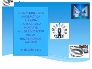 APLICACIONES A LA
INFORMÁTICA
ALUMNA
JESSICA OCHOA
MORANTE
7mo DE EDUCACION
INICIAL
ING. FERNANDO
PACHECO
15 de junio 2013
 