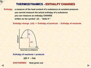 Enthalpy a measure of the heat content of a substance at constant pressure
you cannot measure the actual enthalpy of a substance
you can measure an enthalpy CHANGE
written as the symbol  , “delta H ”
Enthalpy change () = Enthalpy of products - Enthalpy of reactants
Enthalpy of reactants > products
 = - ive
EXOTHERMIC Heat given out
REACTION CO-ORDINATE
ENTHALPY
THERMODYNAMICS -
THERMODYNAMICS - ENTHALPY CHANGES
ENTHALPY CHANGES
 