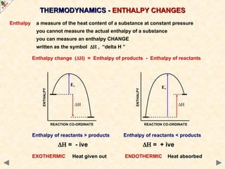 Enthalpy a measure of the heat content of a substance at constant pressure
you cannot measure the actual enthalpy of a substance
you can measure an enthalpy CHANGE
written as the symbol  , “delta H ”
Enthalpy change () = Enthalpy of products - Enthalpy of reactants
Enthalpy of reactants > products Enthalpy of reactants < products
 = - ive  = + ive
EXOTHERMIC Heat given out ENDOTHERMIC Heat absorbed
REACTION CO-ORDINATE
ENTHALPY
REACTION CO-ORDINATE
ENTHALPY
THERMODYNAMICS -
THERMODYNAMICS - ENTHALPY CHANGES
ENTHALPY CHANGES
 