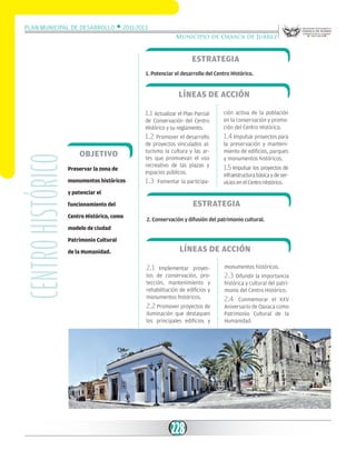 Plan Municipal de Desarrollo w 2011-2013
Municipio de Oaxaca de Juárez

Estrategia
1. Potenciar el desarrollo del Centro Histórico.

Líneas de acción
1.1 Actualizar el Plan Parcial

Objetivo
Preservar la zona de
monumentos históricos

ción activa de la población
en la conservación y promoción del Centro Histórico.

1.2

Centro histórico

de Conservación del Centro
Histórico y su reglamento.

1.4 Impulsar proyectos para

Promover el desarrollo
de proyectos vinculados al:
turismo la cultura y las artes que promuevan el uso
recreativo de las plazas y
espacios públicos.

1.3

Fomentar la participa-

la preservación y mantenimiento de edificios, parques
y monumentos históricos.

1.5 Impulsar los proyectos de
infraestructura básica y de servicios en el Centro Histórico.

y potenciar el

Estrategia

funcionamiento del
Centro Histórico, como

2. Conservación y difusión del patrimonio cultural.

modelo de ciudad
Patrimonio Cultural

Líneas de acción

de la Humanidad.

2.1

Implementar proyectos de conservación, protección, mantenimiento y
rehabilitación de edificios y
monumentos históricos.

2.2 Promover proyectos de
iluminación que destaquen
los principales edificios y

228

monumentos históricos.

2.3 Difundir la importancia
histórica y cultural del patrimonio del Centro Histórico.

2.4

Conmemorar el XXV
Aniversario de Oaxaca como
Patrimonio Cultural de la
Humanidad.

 