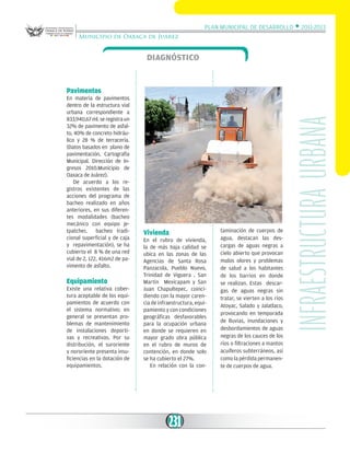 Plan Municipal de Desarrollo w 2011-2013
Municipio de Oaxaca de Juárez

Diagnóstico

En materia de pavimentos
dentro de la estructura vial
urbana correspondiente a
833,940.67 ml. se registra un
32% de pavimento de asfalto, 40% de concreto hidráulico y 28 % de terracería.
(Datos basados en plano de
pavimentación, Cartografía
Municipal. Dirección de Ingresos 2010.Municipio de
Oaxaca de Juárez).
De acuerdo a los registros existentes de las
acciones del programa de
bacheo realizado en años
anteriores, en sus diferentes modalidades (bacheo
mecánico con equipo jetpatcher,
bacheo tradicional superficial y de caja
y repavimentación), se ha
cubierto el 8 % de una red
vial de 2, 122, 416m2 de pavimento de asfalto.

Equipamiento
Existe una relativa cobertura aceptable de los equipamientos de acuerdo con
el sistema normativo; en
general se presentan problemas de mantenimiento
de instalaciones deportivas y recreativas. Por su
distribución, el suroriente
y nororiente presenta insuficiencias en la dotación de
equipamientos.

Vivienda
En el rubro de vivienda,
la de más baja calidad se
ubica en las zonas de las
Agencias de Santa Rosa
Panzacola, Pueblo Nuevo,
Trinidad de Viguera , San
Martin Mexicapam y San
Juan Chapultepec, coincidiendo con la mayor carencia de infraestructura, equipamiento y con condiciones
geográficas desfavorables
para la ocupación urbana
en donde se requieren en
mayor grado obra pública
en el rubro de muros de
contención, en donde solo
se ha cubierto el 27%.
En relación con la con-

231

taminación de cuerpos de
agua, destacan las descargas de aguas negras a
cielo abierto que provocan
malos olores y problemas
de salud a los habitantes
de los barrios en donde
se realizan. Estas descargas de aguas negras sin
tratar, se vierten a los ríos
Atoyac, Salado y Jalatlaco,
provocando en temporada
de lluvias, inundaciones y
desbordamientos de aguas
negras de los cauces de los
ríos o filtraciones a mantos
acuíferos subterráneos, así
como la pérdida permanente de cuerpos de agua.

INfraestructura urbana

Pavimentos

 