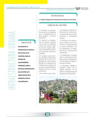 Plan Municipal de Desarrollo w 2011-2013
Municipio de Oaxaca de Juárez

Estrategia
1.- Gestión integral de infraestructura urbana y de servicios.

Líneas de acción

INfraestructura urbana

1.1

Promover la participación activa de la ciudadanía
para la determinación de
obras públicas y servicios
prioritarios.

cias estatales y federales el
desarrollo de infraestructura sustentable para el abastecimiento y saneamiento
de agua.

1.2

1.5 Participar en el desarro-

de servicios en el

Impulsar la rehabilitación de espacios públicos
a fin de que la ciudadanía
cuente con espacios seguros donde se puedan desarrollar actividades educativas, deportivas, artísticas y
culturales.

municipio, bajo un

1.3

Objetivo
Incrementar la
infraestructura urbana y

enfoque de
sustentabilidad
ambiental, orden y
eficiencia administrativa
que contribuya al
mejoramiento de la

Gestionar ante instancias estatales y federales la
dotación de recursos complementarios que permitan
fortalecer el desarrollo de
infraestructura urbana y de
servicios, principalmente en
colonias, barrios y núcleos
suburbanos.

1.4

Promover ante instan-

calidad de vida de
sus habitantes.

232

llo de acciones para la contención de riesgos pluviales
en zonas vulnerables a fin
de salvaguardar la integridad física y patrimonial de
la población.

1.6 Implementar la remodelación y sustitución del mobiliario urbano y señalamientos,
a fin de mejorar la imagen urbana del municipio.

1.7

Remodelar vialidades y
mobiliario urbano, con señalética adecuada, a fin de
facilitar el desplazamiento de
personas con discapacidad.

 