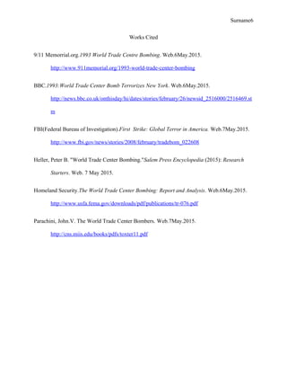 Surname6
Works Cited
9/11 Memorrial.org.1993 World Trade Centre Bombing. Web.6May.2015.
http://www.911memorial.org/1993-world-trade-center-bombing
BBC.1993:World Trade Center Bomb Terrorizes New York. Web.6May.2015.
http://news.bbc.co.uk/onthisday/hi/dates/stories/february/26/newsid_2516000/2516469.st
m
FBI(Federal Bureau of Investigation).First Strike: Global Terror in America. Web.7May.2015.
http://www.fbi.gov/news/stories/2008/february/tradebom_022608
Heller, Peter B. "World Trade Center Bombing."Salem Press Encyclopedia (2015): Research
Starters. Web. 7 May 2015.
Homeland Security.The World Trade Center Bombing: Report and Analysis. Web.6May.2015.
http://www.usfa.fema.gov/downloads/pdf/publications/tr-076.pdf
Parachini, John.V. The World Trade Center Bombers. Web.7May.2015.
http://cns.miis.edu/books/pdfs/toxter11.pdf
 