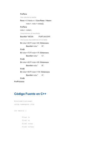 FinPara
//se calcula la media
Para i<-0 Hasta n-1 Con Paso 1 Hacer
nota <- nota + notas[i];
FinPara
nota <- nota/n;
//imprimimos el resultado
Escribir "MEDIA PUNTUACION";
//se busca equivalencia en la tabla
Si nota>=60 Y nota<=69 Entonces
Escribir nota," D";
FinSi
Si nota>=70 Y nota<=79 Entonces
Escribir nota," C";
FinSi
Si nota>=80 Y nota<=89 Entonces
Escribir nota," B";
FinSi
Si nota>=90 Y nota<=100 Entonces
Escribir nota," A";
FinSi
FinProceso
Código Fuente en C++
#include<iostream>
using namespace std;
int main() {
float i;
float n;
float nota;
float notas;
 