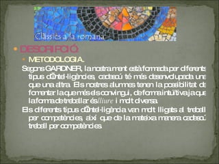 DESCRIPCIÓ : METODOLOGIA. Segons GARDNER, la nostra ment està formada per diferents tipus d’intel·ligències, cadascú té més desenvolupada una que una altra. Els nostres alumnes tenen la possibilitat de fomentar la que més els convingui, de forma intuïtiva ja que la forma de treballar és  lliure  i molt diversa. Els diferents tipus d’intel·ligència van molt lligats al treball per competències, així que de la mateixa manera cadascú treball per competències. 
