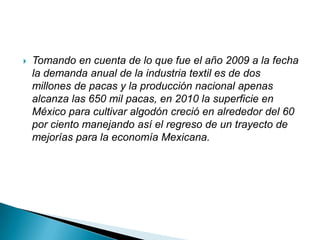    Tomando en cuenta de lo que fue el año 2009 a la fecha
    la demanda anual de la industria textil es de dos
    millones de pacas y la producción nacional apenas
    alcanza las 650 mil pacas, en 2010 la superficie en
    México para cultivar algodón creció en alrededor del 60
    por ciento manejando así el regreso de un trayecto de
    mejorías para la economía Mexicana.
 